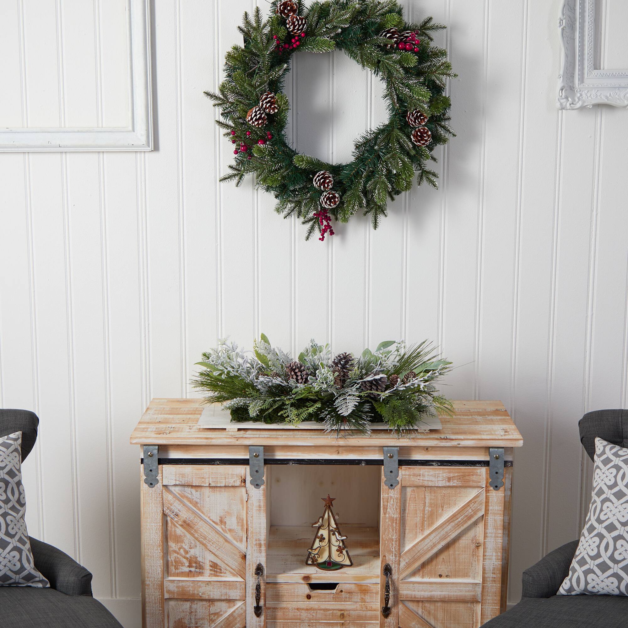 26" Flocked Winter Christmas Arrangement on Board